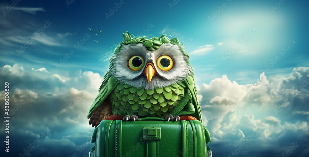 Papier peint owl on sky a green owl like duolingo fly with baggage in