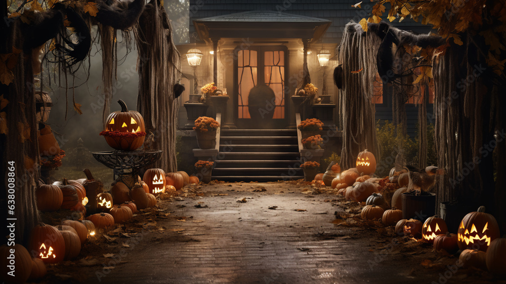 Spooky scary halloween party decoration house on backyard of cottage, Holiday seasonal jack o lanterns, web, ghost toys. 