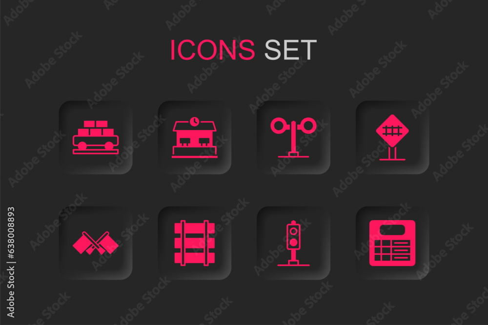 Set Railway, railroad track, station, Cargo train wagon, Train traffic light, Railroad crossing, board, and Flag icon. Vector Set Railway, railroad track, station, Cargo train wagon, Train traffic light, Railroad crossing, board, and Flag icon. Vector