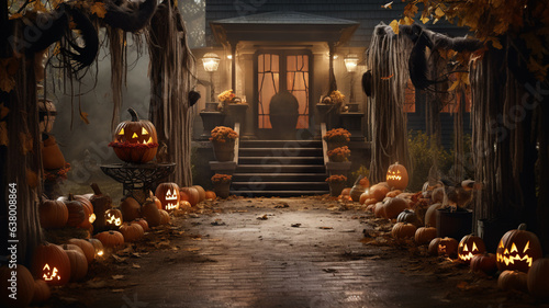 Spooky scary halloween party decoration house on backyard of cottage, Holiday seasonal jack o lanterns, web, ghost toys. 