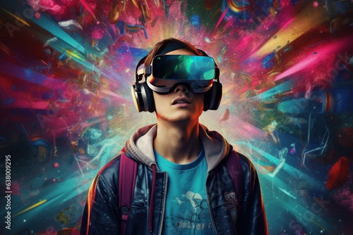 The guy uses virtual reality glasses, interacting with virtual reality. Game concept. © Дмитрий Баронин
