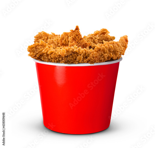 Fried Chicken hot crispy strips crunchy pieces of tenders in a Bucket - large Red box isolated in white background
