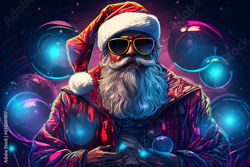 Santa Claus in a suit with Santa hat and colored glasses, in the style of cyberpunk realism.