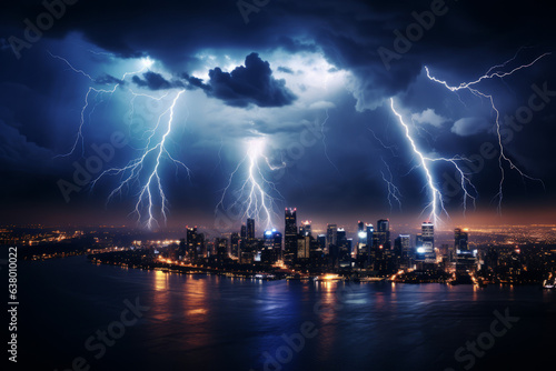 Electrifying bolts of lightning streak across the sky  illuminating the city below. The storm s raw power contrasts with the urban landscape  creating a mesmerizing spectacle