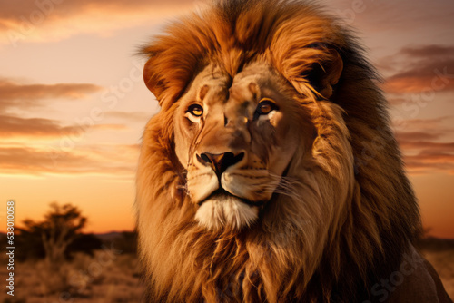 Majestic lion's portrait dominates the scene, its intense gaze capturing the raw essence of the wild, set against the vast, golden expanse of the savanna landscape