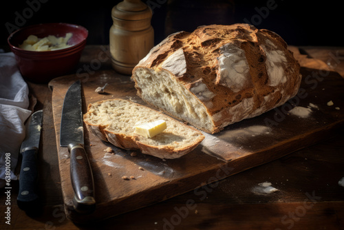 Loaf of freshly baked bread rests on a rustic wooden table, accompanied by a knife and creamy butter, evoking homely warmth and culinary tradition