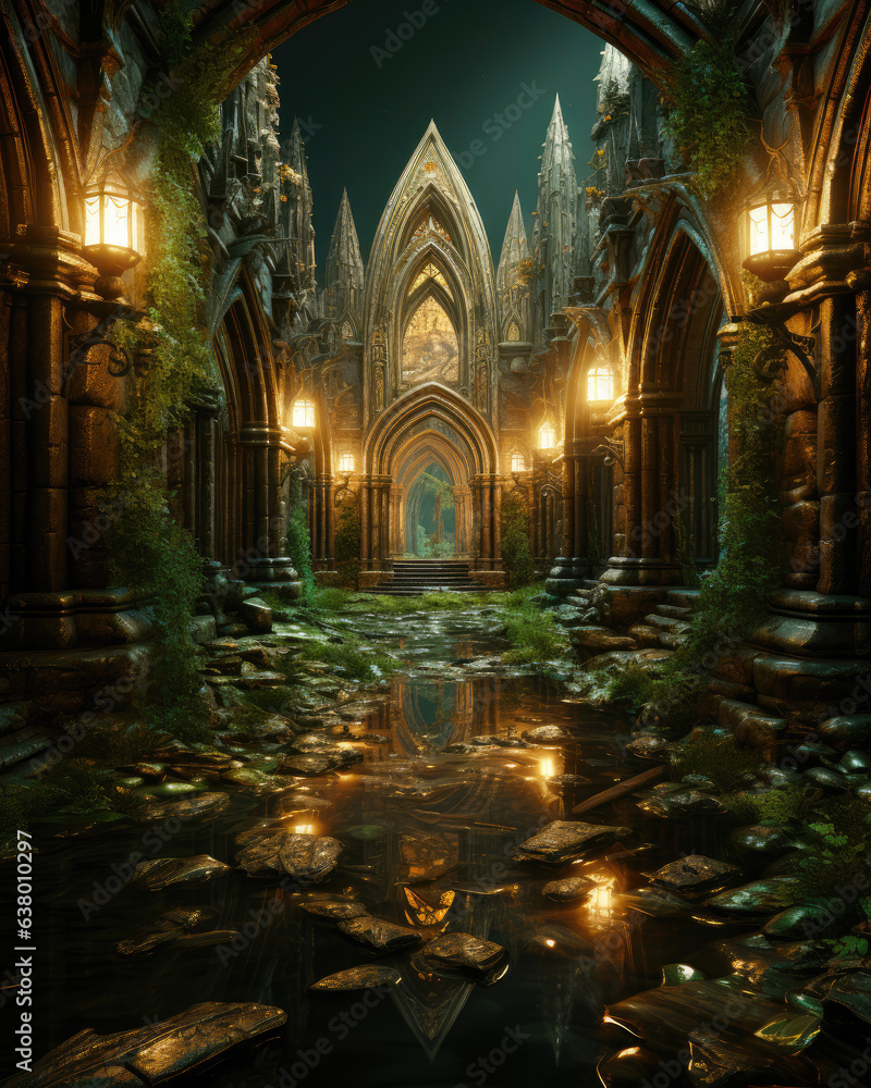 Enchanted Castle Interior with Green Portal