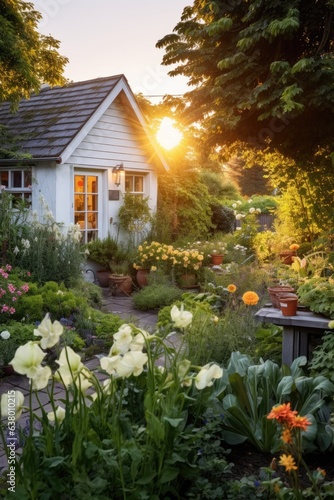 A cozy edible garden, cottage style garden in a small garden, white brick house, backyard, golden hour. Generative AI © piai