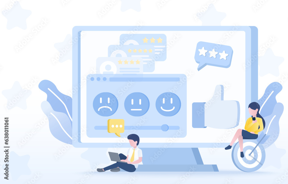 Analyze customer satisfaction reviews, feedback, rate emoticon and comment on online device. Improve, develop, plan customer loyalty. Flat vector design illustration.