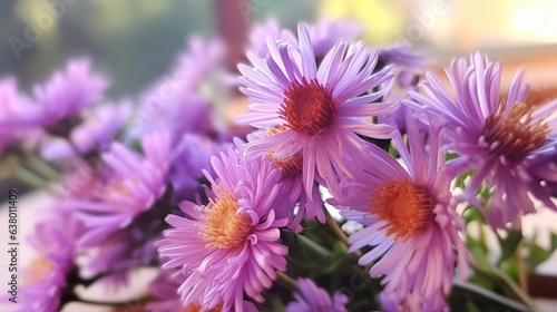 Bouquet of purple chrysanthemums in a vase on the windowsill