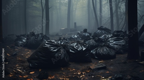 A polluted forest filled with littered garbage bags