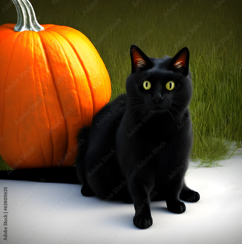 Whimsical black cat with orange pumpkins Whimsical black cat with orange pumpkins