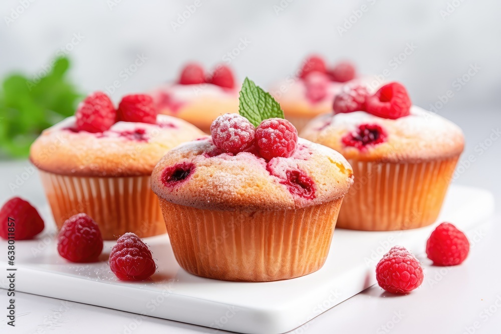 Raspberry muffins with fresh raspberries on a white table