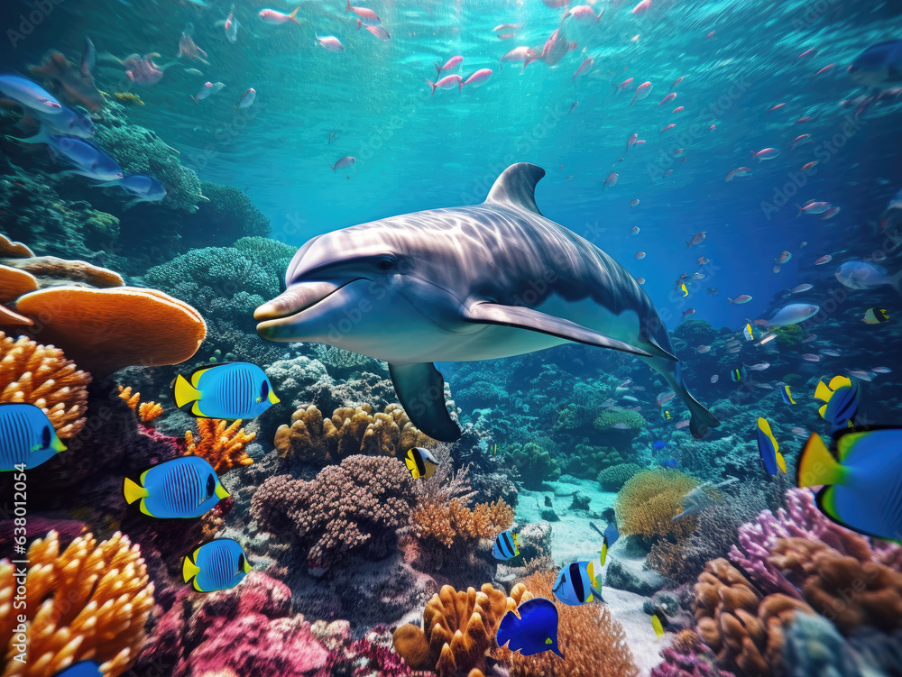 Dolphin with group of colorful fish and sea animals with colorful coral underwater in the ocean Dolphin with group of colorful fish and sea animals with colorful coral underwater in the ocean