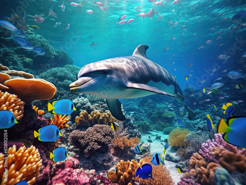 Dolphin with group of colorful fish and sea animals with colorful coral underwater in the ocean