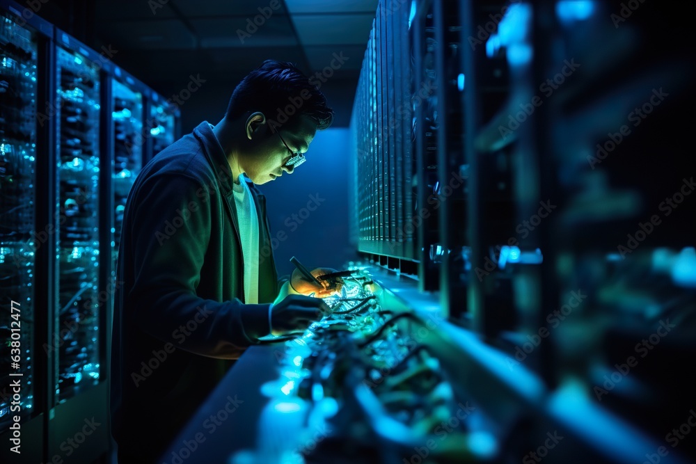 An Expert Engineer in data center server room connecting cables in server cabinet An Expert Engineer in data center server room connecting cables in server cabinet