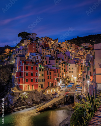 Beautiful panorama of Riomaggiore at the blue hour, Cinque Terre, Liguria, Italy
