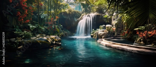 An idyllic waterfall, cascading down into a crystal-clear pool surrounded by exotic tropical flora. Wallpaper, background, card, book cover, illustration. Generative AI. 