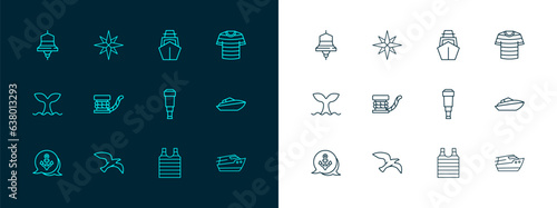 Set line Striped sailor t-shirt, Bird seagull, Spyglass telescope lens, Marine bollard with rope, Yacht sailboat, Ship bell and Wind rose icon. Vector