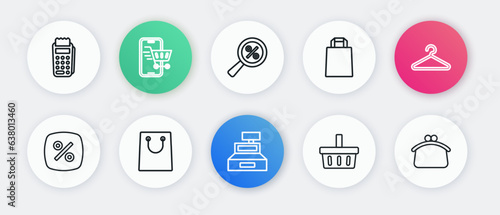 Set line Cash register machine, Hanger wardrobe, Discount percent tag, Shopping basket, Paper shopping bag, Magnifying glass with, Wallet and icon. Vector