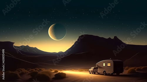 House on wheels in the desert at night, generative AI.