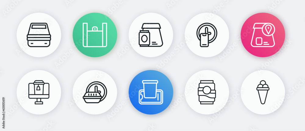 Set line Food ordering on mobile, Online food, Soda can, Round the clock delivery, Ice cream waffle and icon. Vector