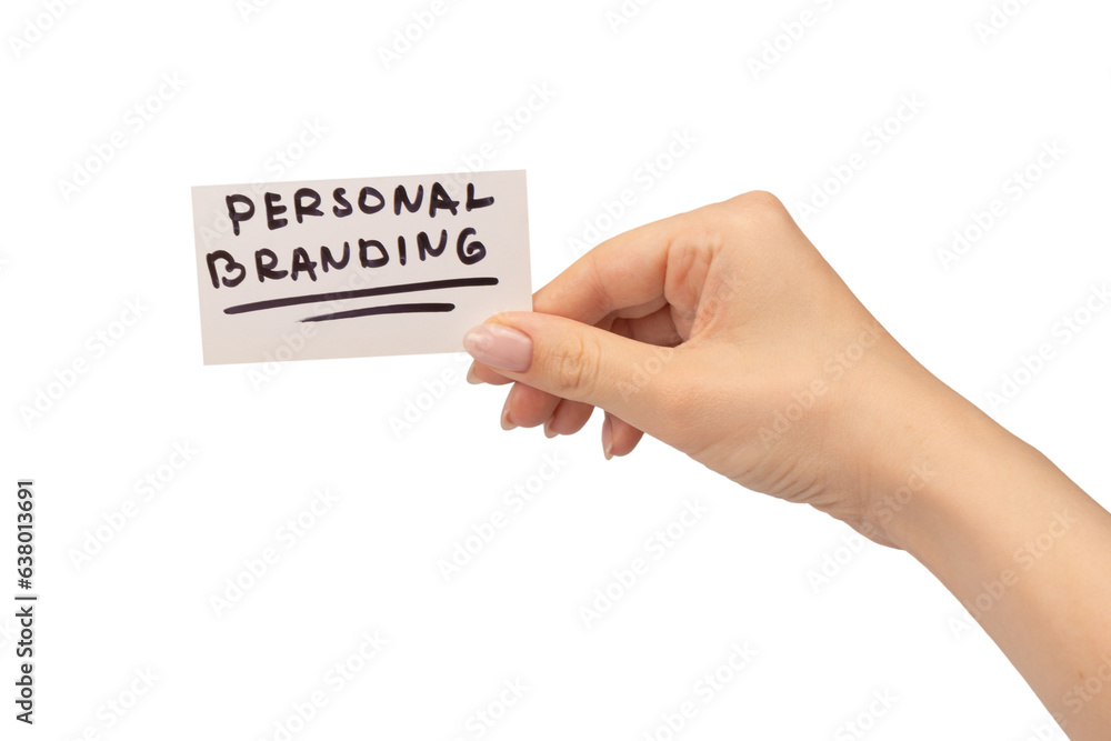 Personal branding text on a card in woman hand isolated on white background. Personal branding text on a card in woman hand isolated on white background.