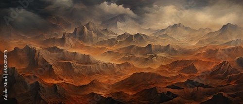 Oil background. Textured layers of oil paint, built up to create a tactile, 3D surface, reminiscent of rugged terrains and mountain ranges. Wallpaper, backgrounds graphics. Generative AI. 