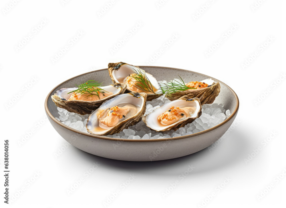 A dish with oysters on a white background