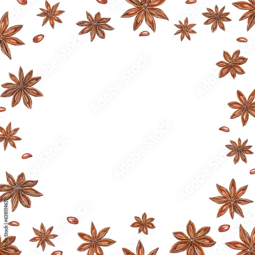 Watercolor square  of star anise on white. Badian, Aniseed. Christmas and New Year hand drawn  of brown spices for greetings, cards, package