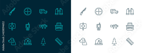 Set line Binoculars, Tourist tent, Sniper optical sight, Tree, Walkie talkie, Safari car, Hunting gun and icon. Vector