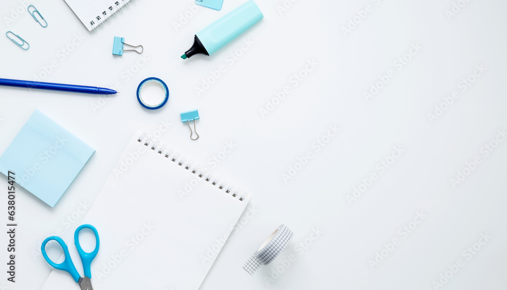 Mockup notebooks and set of stationery for work and study on white background. Back to school. Top view, flat lay, copy space Mockup notebooks and set of stationery for work and study on white background. Back to school. Top view, flat lay, copy space
