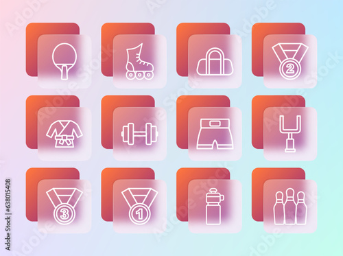 Set line Medal, Boxing short, Fitness shaker, Dumbbell, Sport bag, Racket and Roller skate icon. Vector