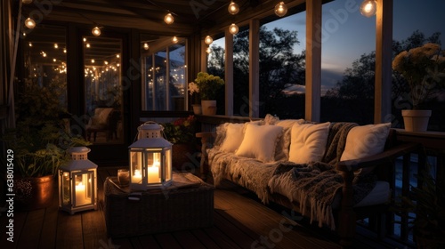 Slika na platnu Creating a cozy outside porch environment, cozy seating, night light
