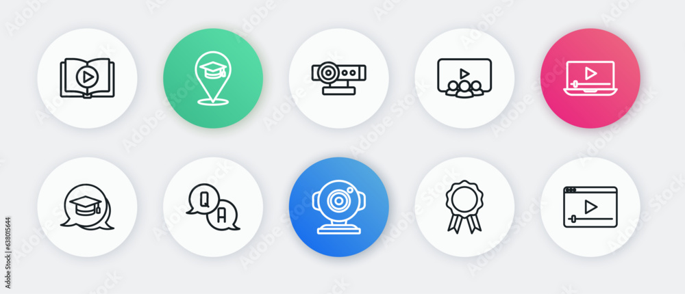 Set line Web camera, Online play video, Graduation cap speech bubble, education with diploma, class, and Question and Answer icon. Vector Set line Web camera, Online play video, Graduation cap speech bubble, education with diploma, class, and Question and Answer icon. Vector