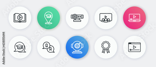 Set line Web camera, Online play video, Graduation cap speech bubble, education with diploma, class, and Question and Answer icon. Vector