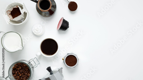 Ingredients for making coffee. Different ways to make coffee geyser moka maker, metal cezve, coffee machine capsules, drip. Coffee making concept. Flat Lay. Top view. Copy space