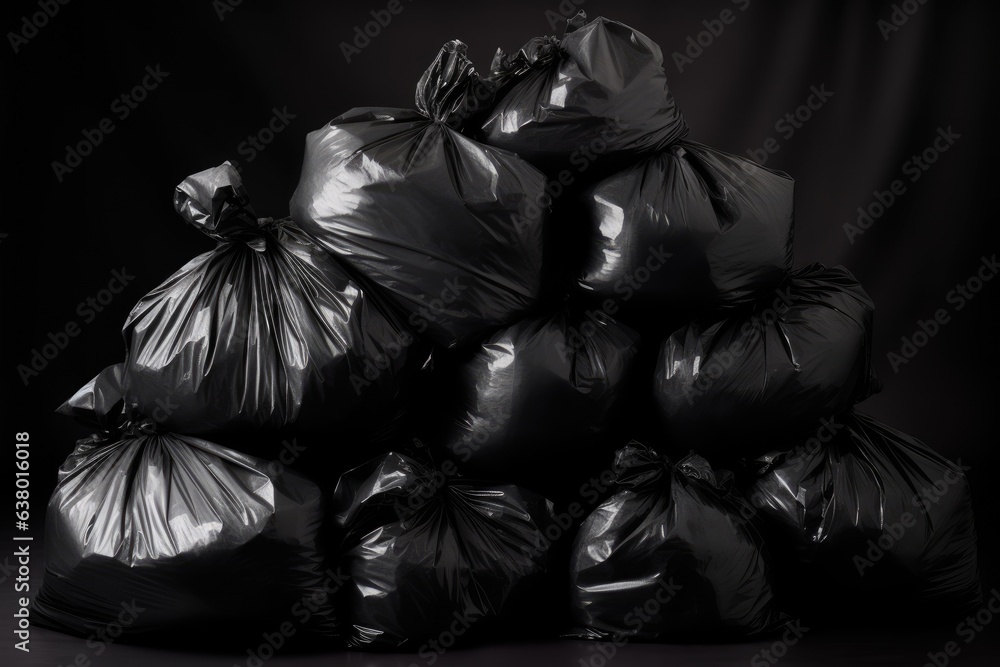 a pile of black plastic bags with waste inside from a house. awaiting removal by the waste collection authority. The idea of waste management exists. collected and discarded