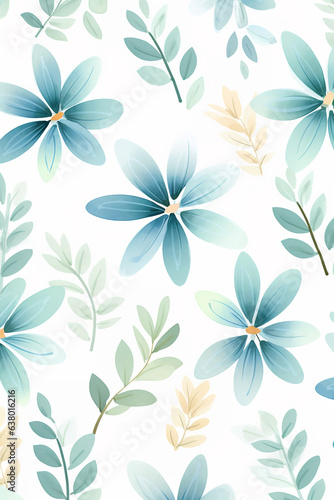 cute little flower wallpaper with some large leaves scattered on white  in the style of teal and sky-blue  dark teal and light pink  marguerite blasingame  cute cartoonish designs  translucent color  