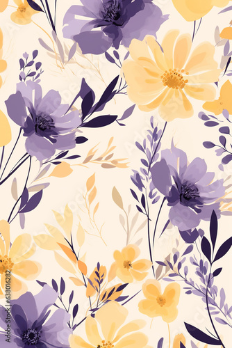 modern floral design on a yellow background  soft watercolours  muted colours  light navy and light magenta  floral accents  mid-century