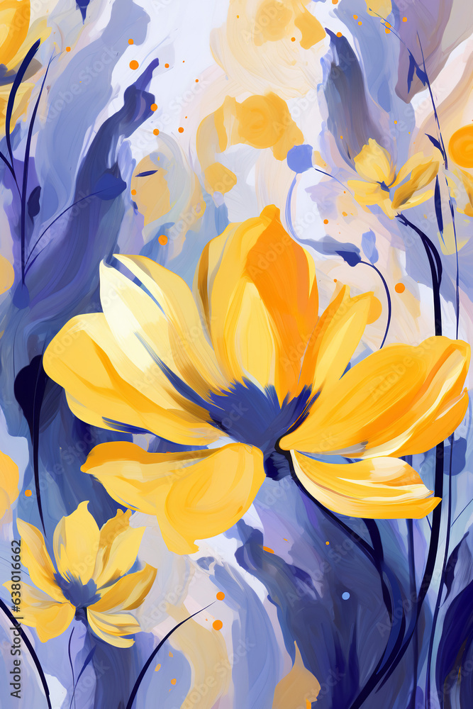 Obraz premium yellow and purple floral pattern, in the style of digital painting, light orange and dark blue, flowing fabrics, vibrant color choices, brushstroke fields