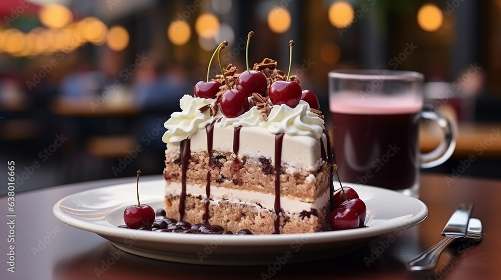 Generative AI, a piece of black forest cake, decorated with cream and cherries, stands on the table of a summer cafe, a traditional German dessert, a terrace, a chocolate biscuit, a restaurant, berrie - obrazy, fototapety, plakaty 