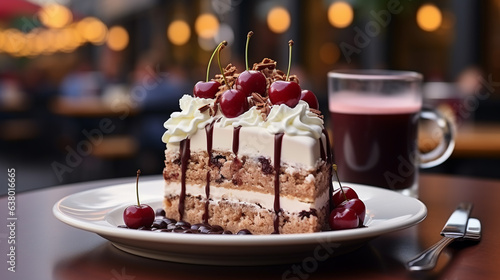 Generative AI, a piece of black forest cake, decorated with cream and cherries, stands on the table of a summer cafe, a traditional German dessert, a terrace, a chocolate biscuit, a restaurant, berrie