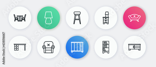 Set line Wardrobe, Sofa, Office desk, Library bookshelf, Furniture nightstand with lamp, Chair, TV table and Armchair icon. Vector