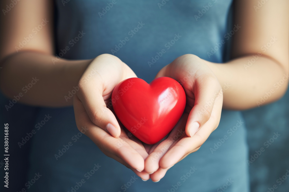 Close up of happy charity volunteer young woman hands holding red heart wishing hope or gratitude for World Hearts Day. Compliment day concept suitable for prayer and trust. - obrazy, fototapety, plakaty 