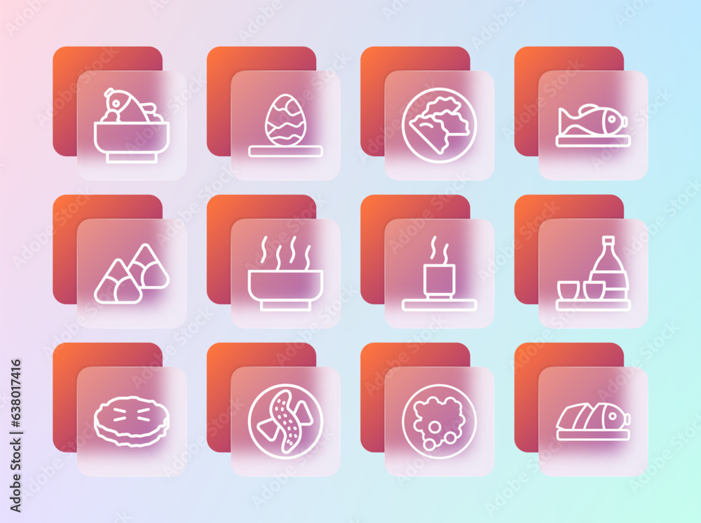 Set line Served fish on a plate, cucumber, Cup of tea, Rice in bowl, Ramen soup, Dumpling, with and Chinese egg icon. Vector Set line Served fish on a plate, cucumber, Cup of tea, Rice in bowl, Ramen soup, Dumpling, with and Chinese egg icon. Vector