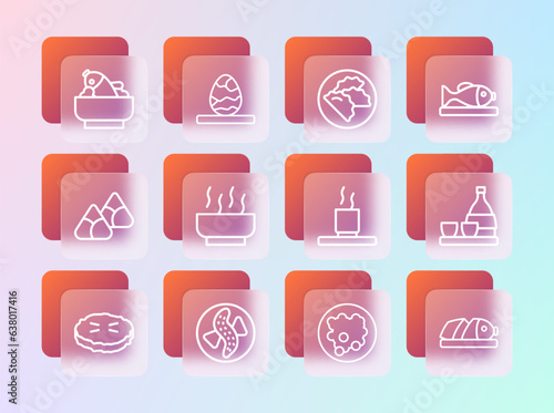 Set line Served fish on a plate, cucumber, Cup of tea, Rice in bowl, Ramen soup, Dumpling, with and Chinese egg icon. Vector