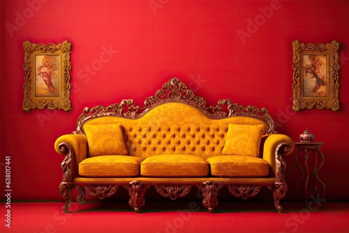 The antique red couch in the yellow room