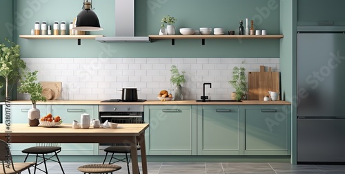 Wallpaper Mural a kitchen with green tiled walls is in a blue and white kitchen with tools on th