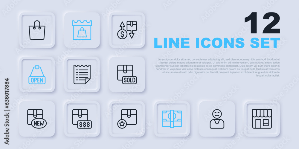 Set line Angry customer, Market store, Wish list template, Stacks paper money cash, Hanging sign with text Open, Item price tag dollar, Shopping day and Carton cardboard box icon. Vector